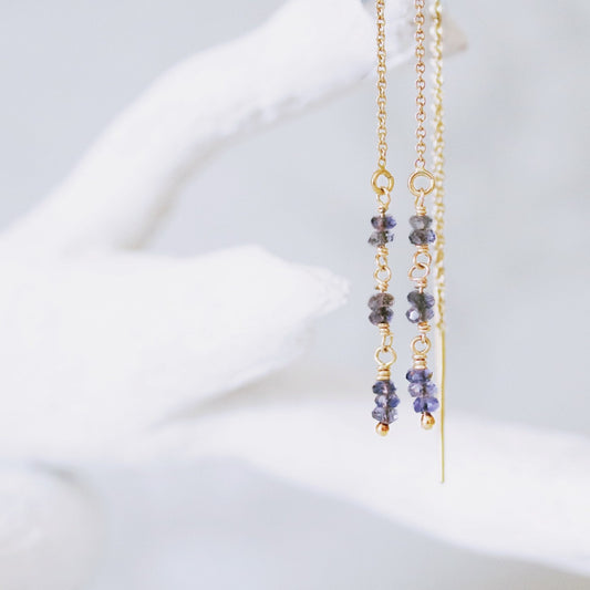 Dainty Iolite Threader Earrings: Gold Fill or Sterling Silver, Handmade in Paris