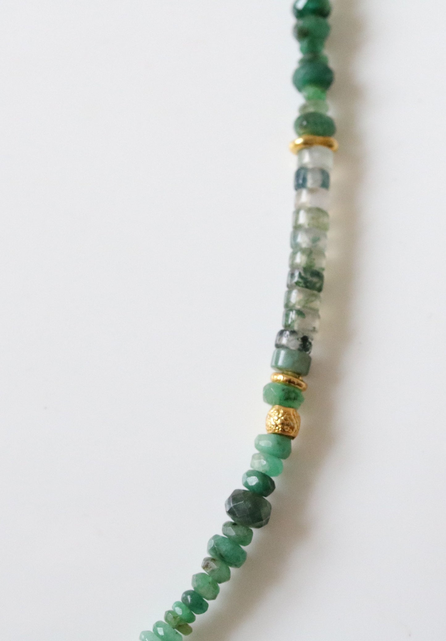 Moss Agate & Emerald Heishi Necklace: Gold Vermeil Surfer Choker