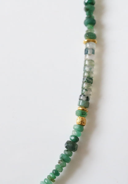 Moss Agate & Emerald Heishi Necklace: Gold Vermeil Surfer Choker