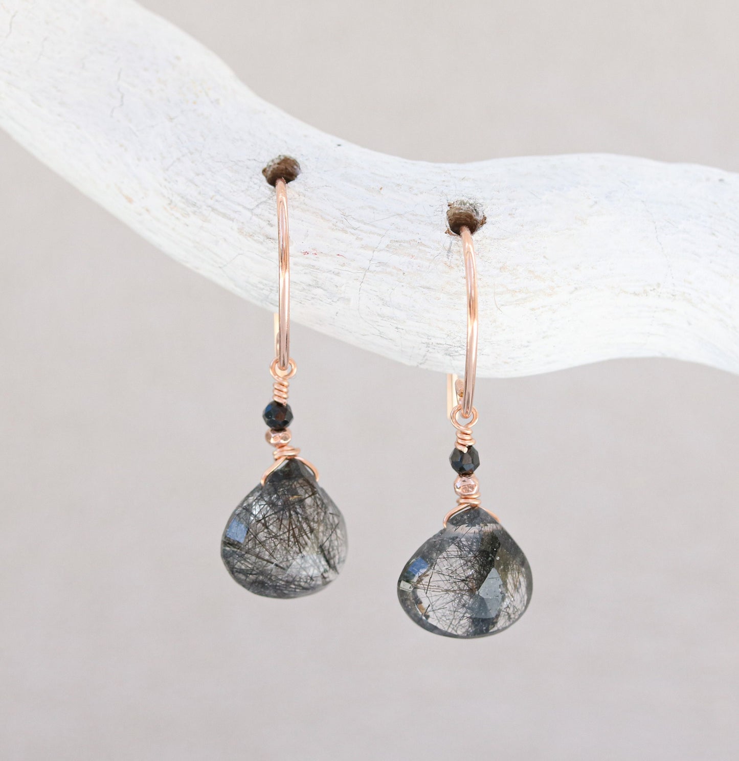 Rose Gold Rutilated Quartz Earrings: Black Onyx Gemstone Dangles