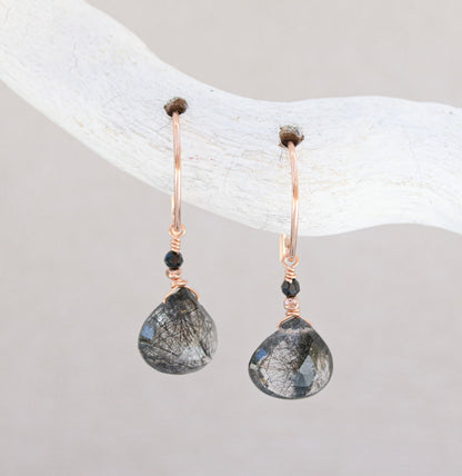 Rose Gold Rutilated Quartz Earrings: Black Onyx Gemstone Dangles