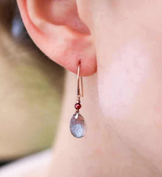Handcrafted Rose Gold Labradorite Garnet Teardrop Earrings