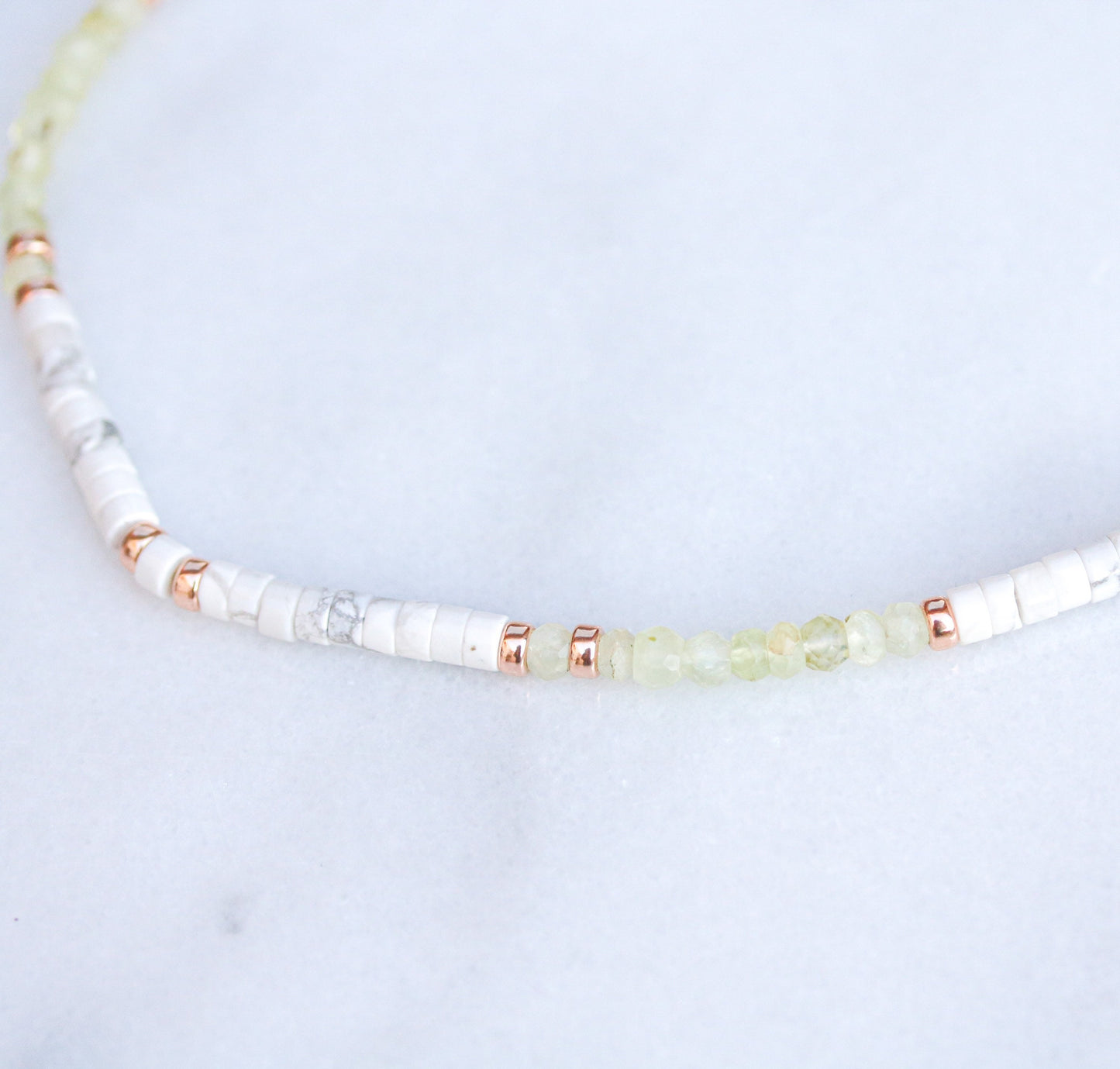 Peridot & Howlite Heishi Choker: Rose Gold Surfer Style Necklace