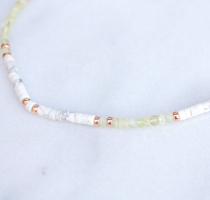 Peridot & Howlite Heishi Choker: Rose Gold Surfer Style Necklace