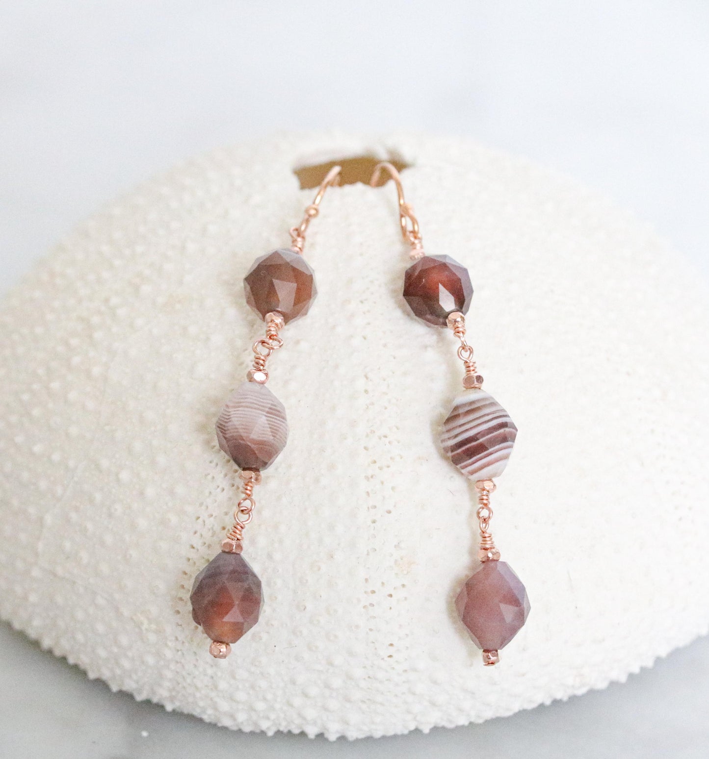 Handmade Rose Gold Botswana Agate Drop Earrings: Unique Gemstone Jewelry