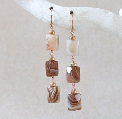 Botswana Agate Rose Gold Drop Earrings: Faceted Gemstone Dangle
