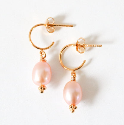 Pink Pearl Huggie Earrings: Karen Hill Gold Vermeil, Handmade Jewelry