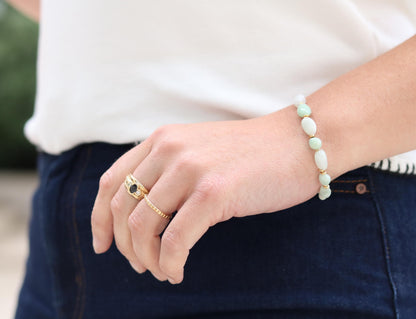 Handmade Jade Beaded Bracelet: Mint Green & White Gemstone with Gold Vermeil