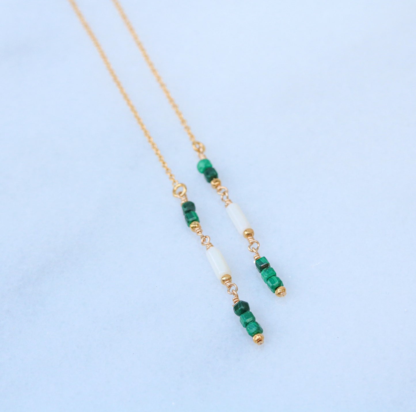 Handmade Malachite & Sea Bamboo Threader Earrings: Gold Fill or Sterling Silver