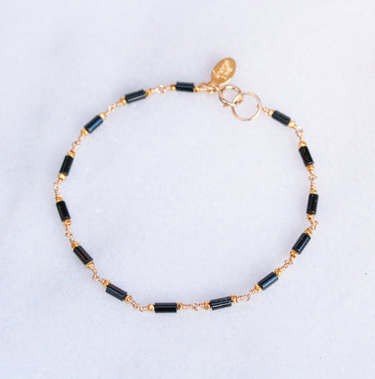 Black Agate Bracelet: Gold Karen Hill Tribe Beads, Dainty Chain