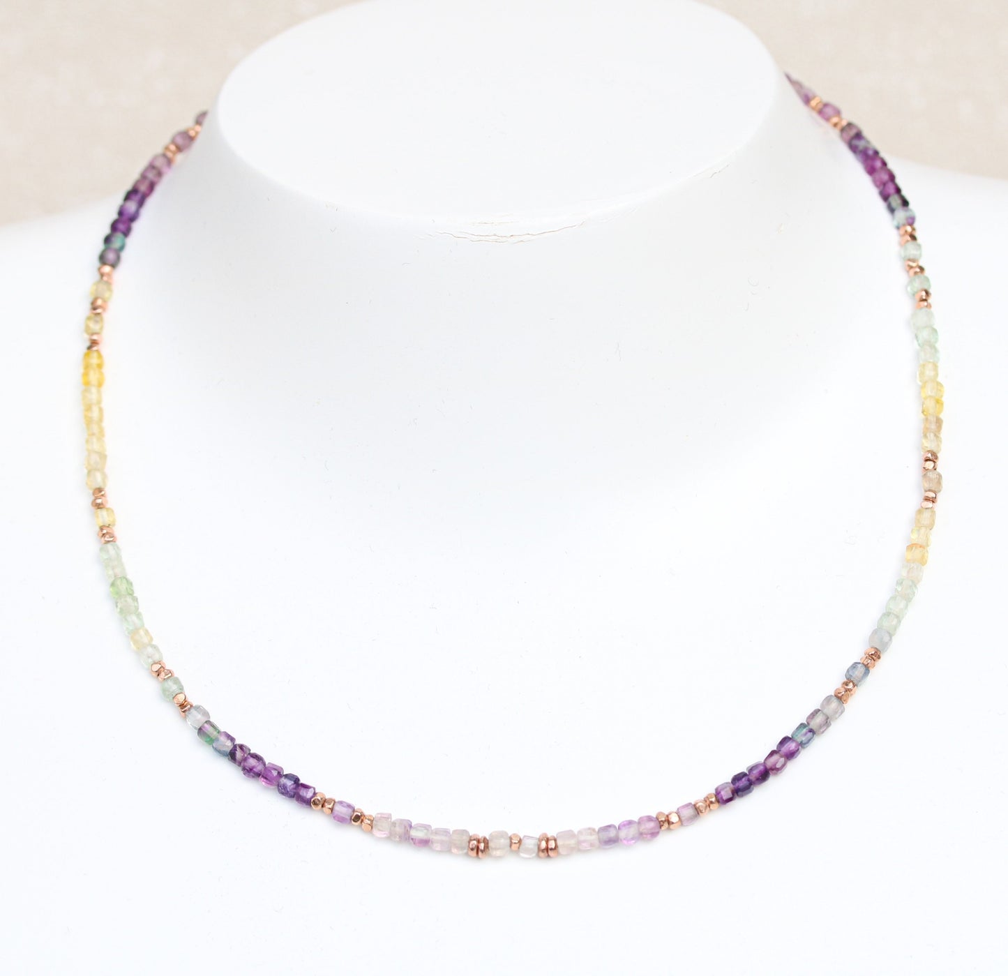 Fluorite Choker: Rose Gold Faceted Mini Cube Rainbow Gemstone Necklace