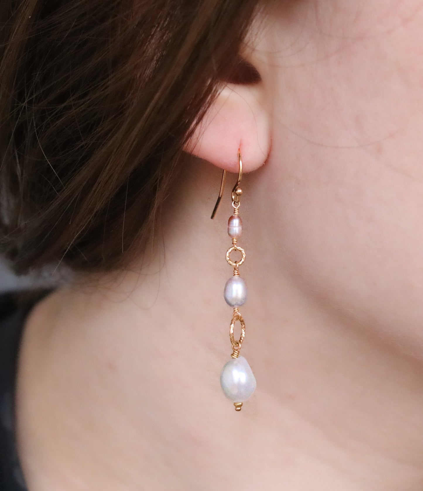 Long 14ct Gold Filled Pearl Earrings: Pink, Grey & White Dangle