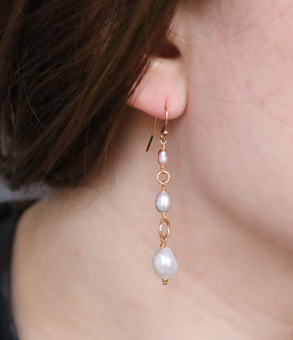 Long 14ct Gold Filled Pearl Earrings: Pink, Grey & White Dangle
