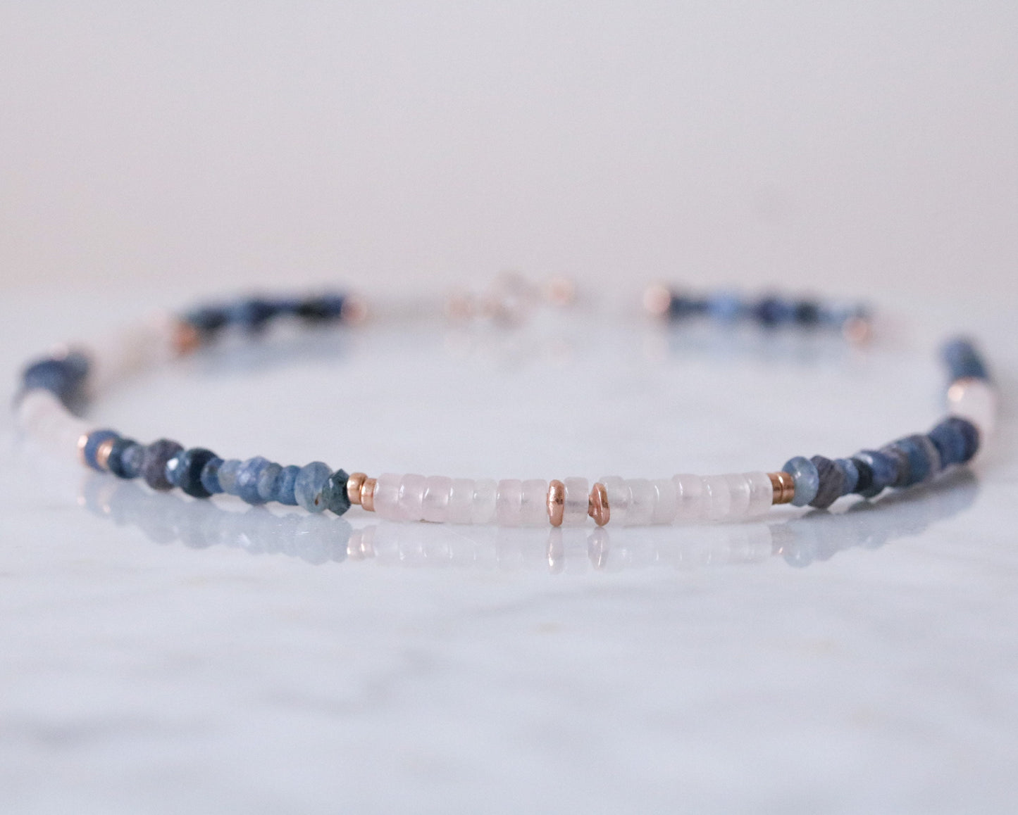 Rose Quartz Sapphire Heishi Necklace: Rose Gold Surfer Choker