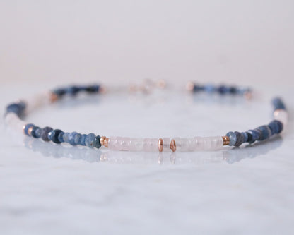 Rose Quartz Sapphire Heishi Necklace: Rose Gold Surfer Choker