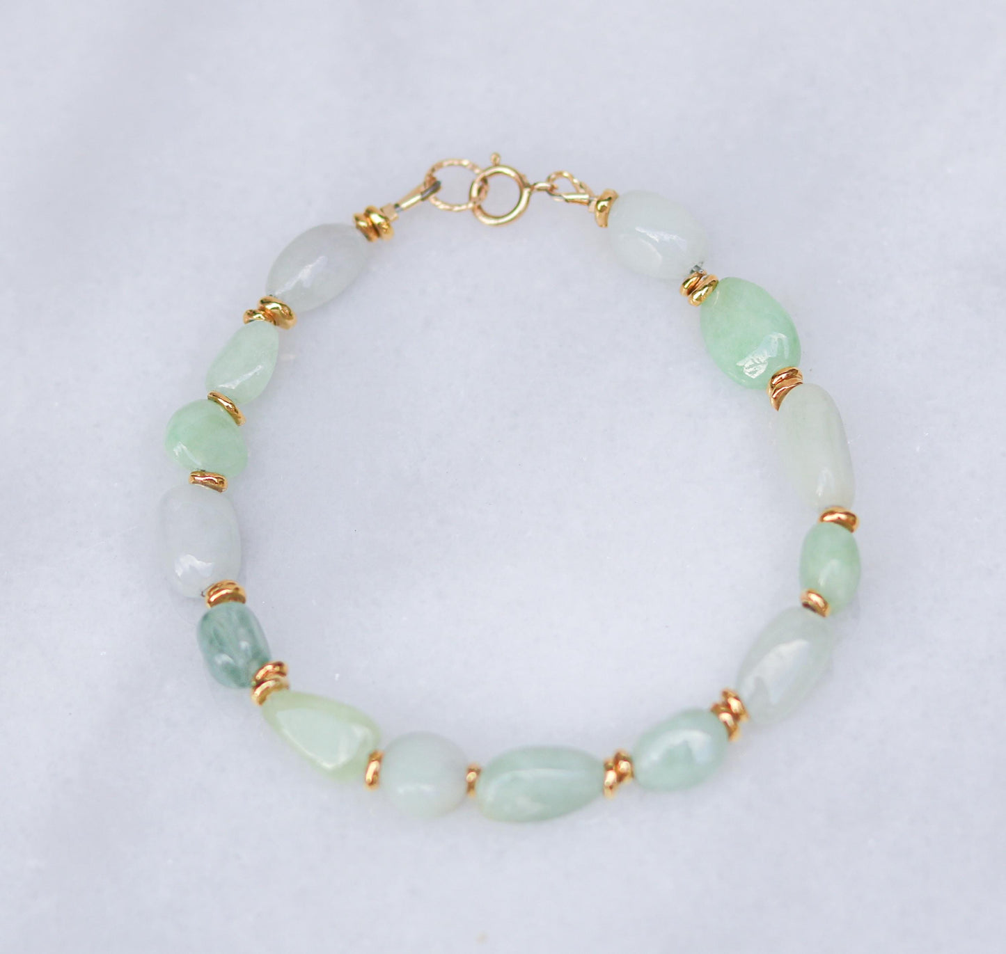 Handmade Jade Beaded Bracelet: Mint Green & White Gemstone with Gold Vermeil