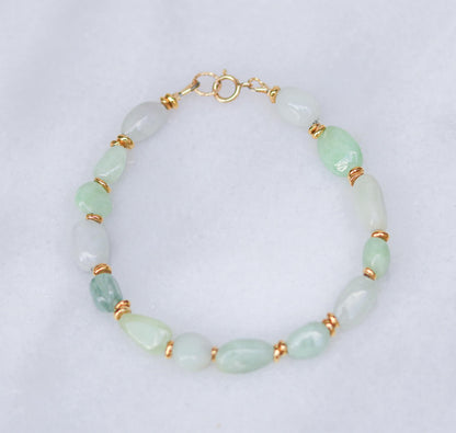 Handmade Jade Beaded Bracelet: Mint Green & White Gemstone with Gold Vermeil