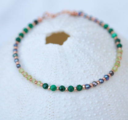 Handmade Pearl & Gemstone Bracelet: Peridot, Malachite, Rose Gold