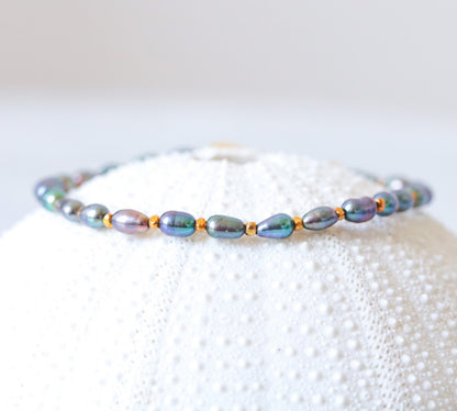 Handmade Blue Peacock Pearl Bracelet: Gold Vermeil Clasp, June Birthstone