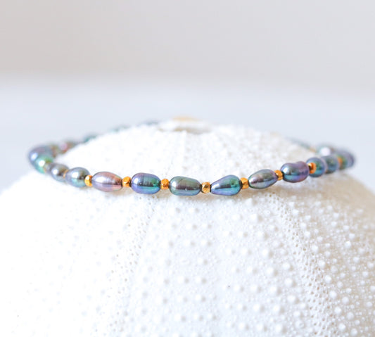 Handmade Blue Peacock Pearl Bracelet: Gold Vermeil Clasp, June Birthstone