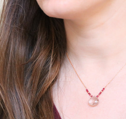 Handmade Rose Gold Rutilated Quartz Necklace: Red Spinel & Karen Hill Tribe Beads