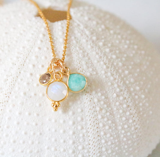 Faceted Moonstone, Smoky Quartz & Amazonite Gold Necklace