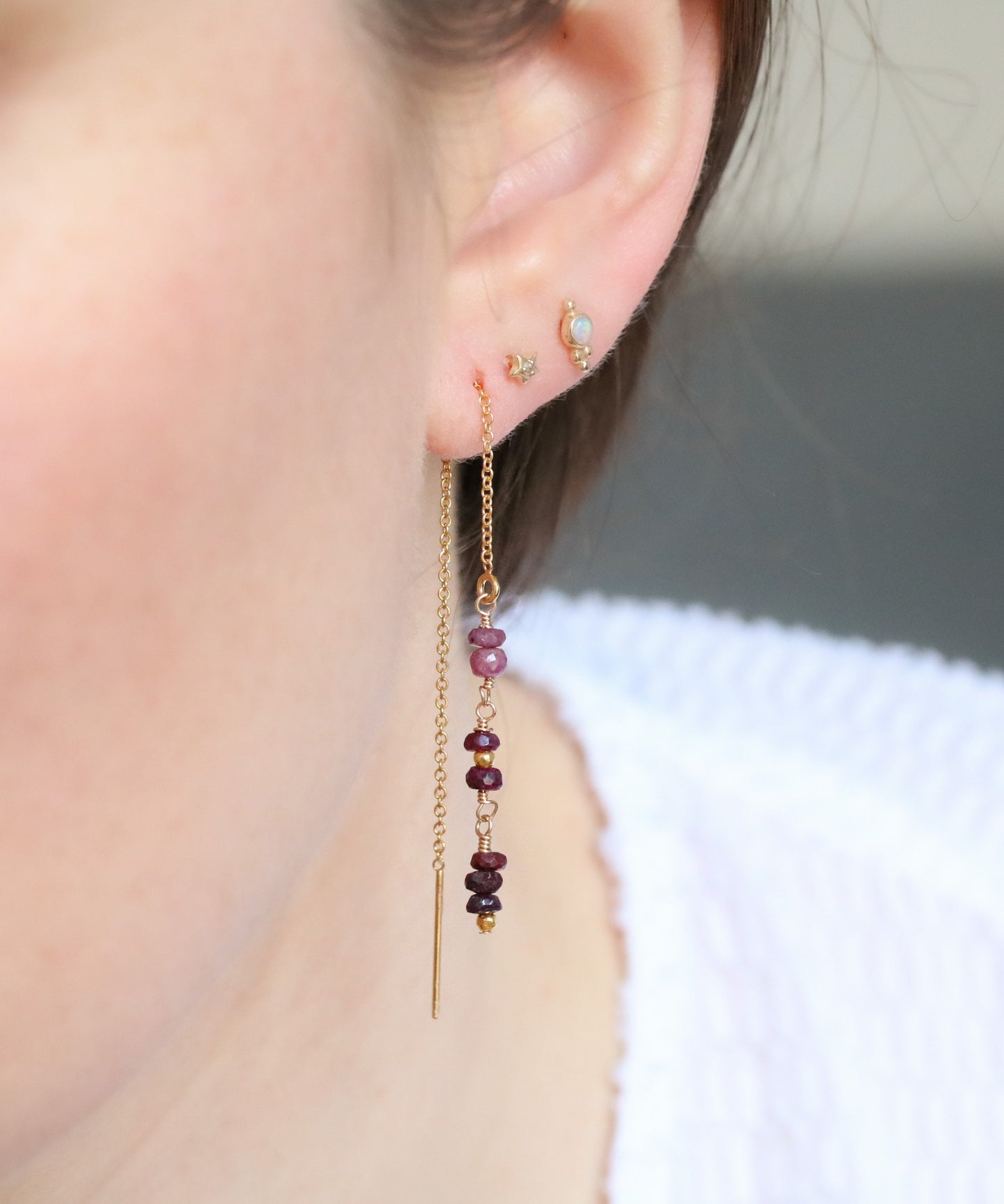 Handmade Ruby Threader Earrings: July Birthstone, Gold Fill Jewelry