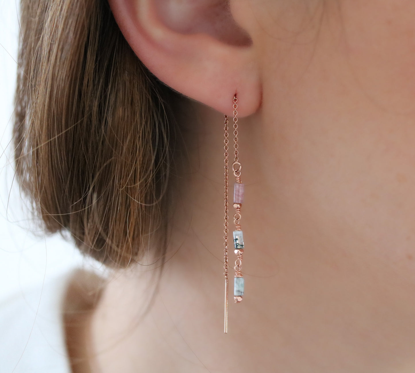 Handmade Pastel Indian Agate Threader Earrings: Rose Gold Fill