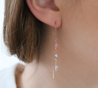 Handmade Pastel Indian Agate Threader Earrings: Rose Gold Fill