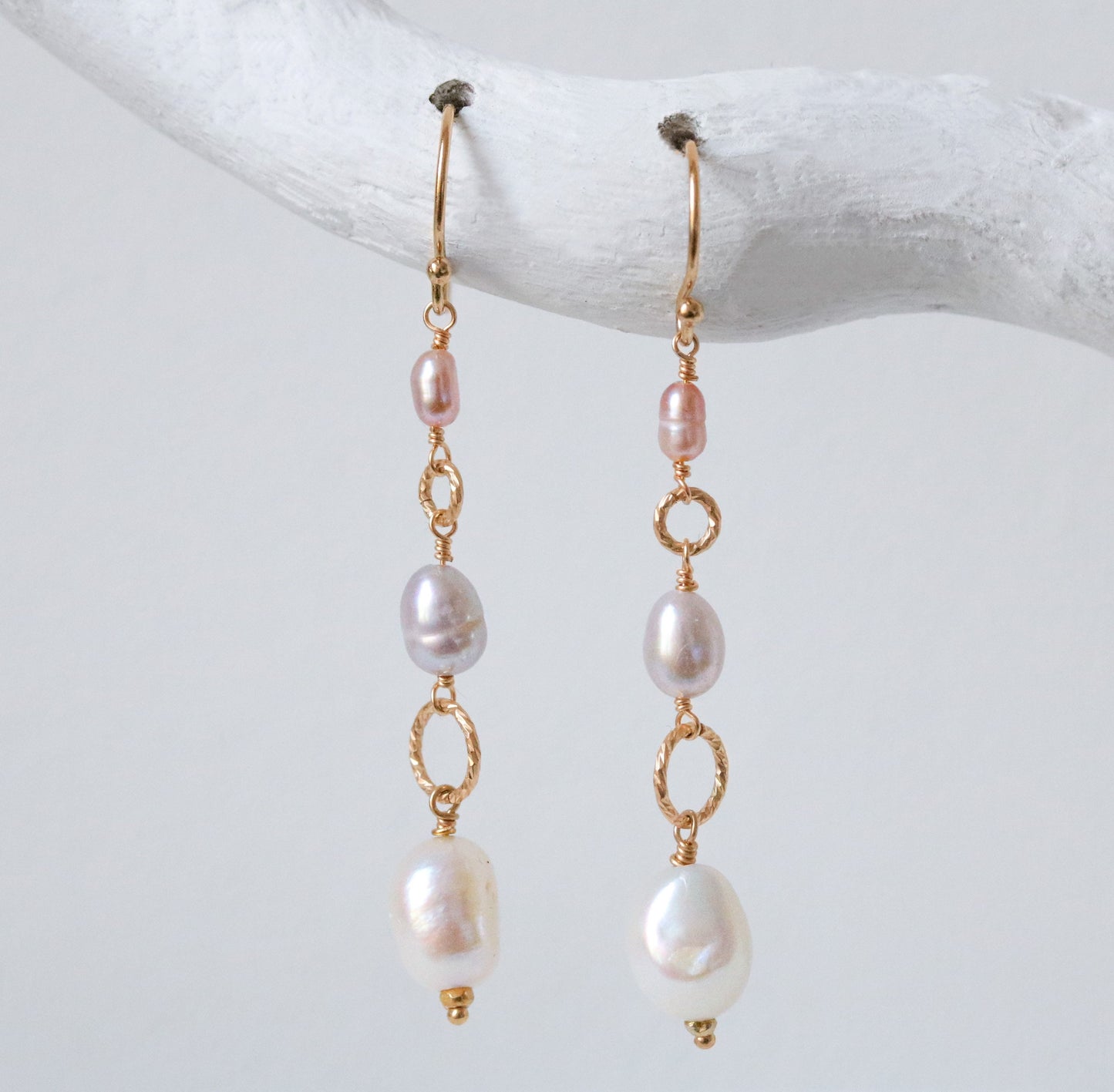 Long 14ct Gold Filled Pearl Earrings: Pink, Grey & White Dangle