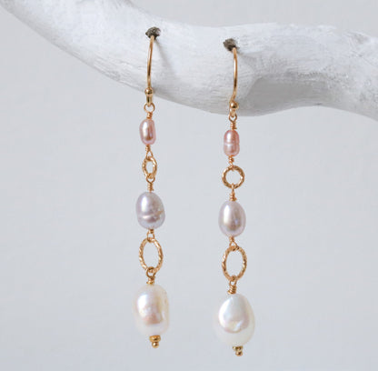 Long 14ct Gold Filled Pearl Earrings: Pink, Grey & White Dangle