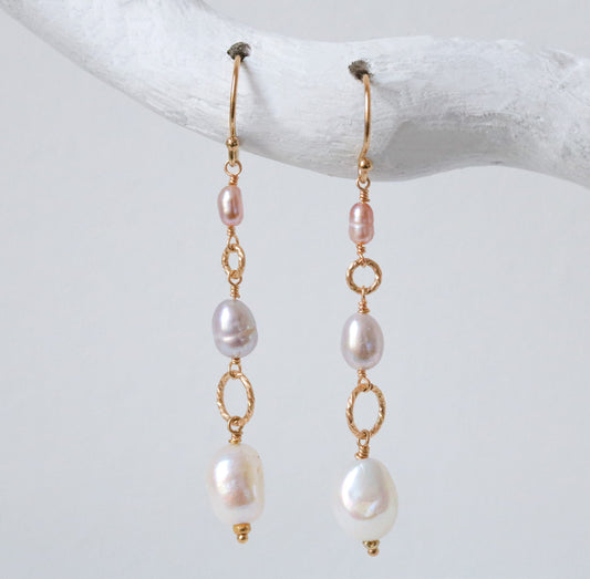 Long 14ct Gold Filled Pearl Earrings: Pink, Grey & White Dangle