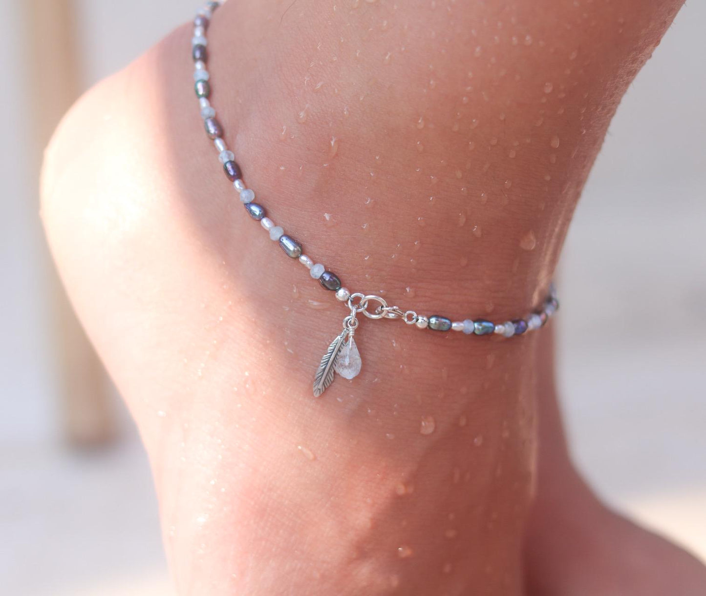 Handmade Pearl & Aquamarine Anklet: Silver Feather Charm