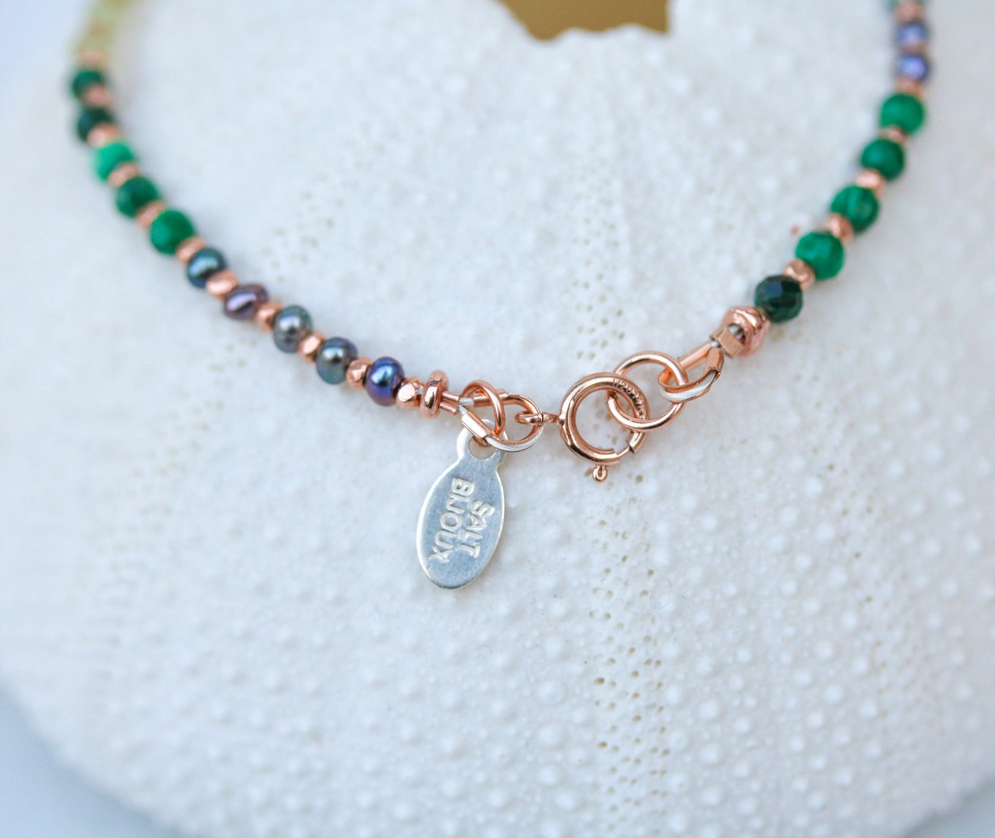Handmade Pearl & Gemstone Bracelet: Peridot, Malachite, Rose Gold