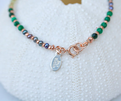 Handmade Pearl & Gemstone Bracelet: Peridot, Malachite, Rose Gold
