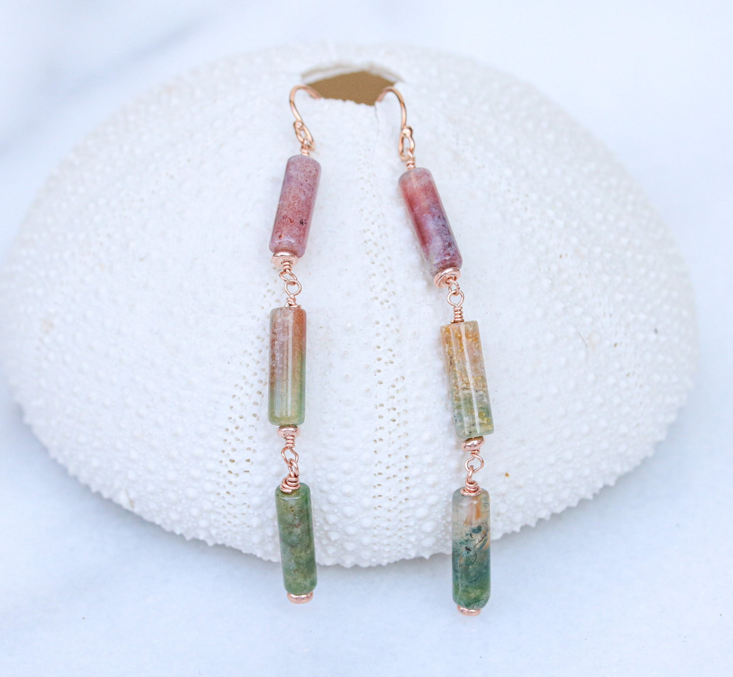 Handmade Indian Agate Rose Gold Fill Dangle Earrings: Watermelon Shades