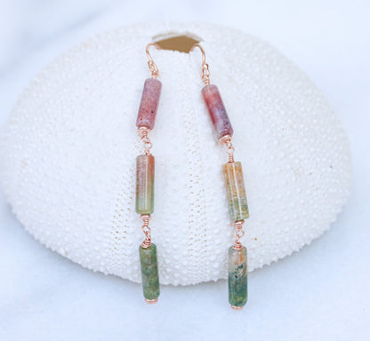 Handmade Indian Agate Rose Gold Fill Dangle Earrings: Watermelon Shades