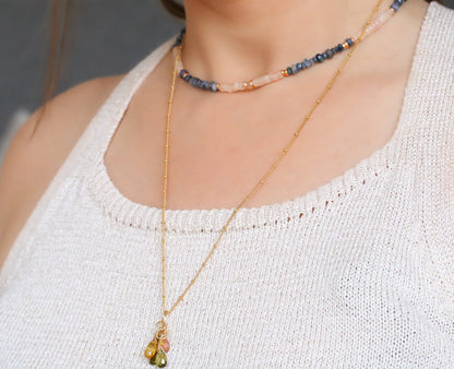 Rose Quartz Sapphire Heishi Necklace: Rose Gold Surfer Choker