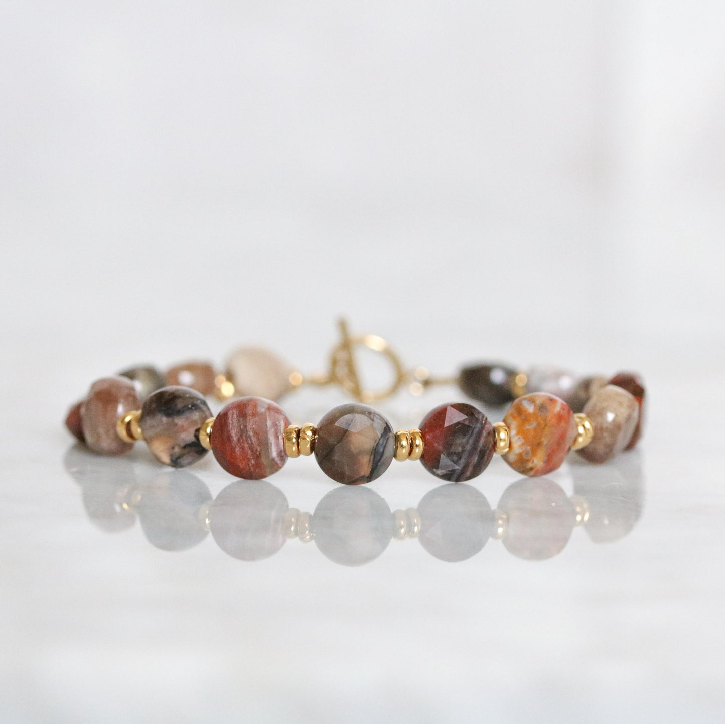 Fossilized Wood Bracelet: Karen Hill Tribe Gold Fill, Gemstone Toggle Clasp