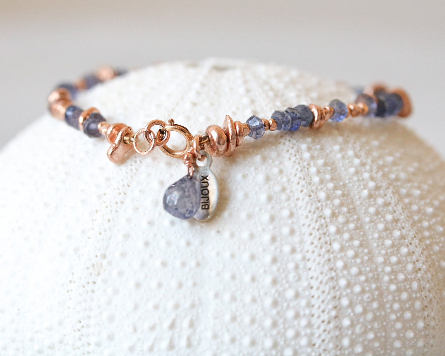 Handmade Rose Gold Iolite Gemstone Bracelet with Teardrop Charm