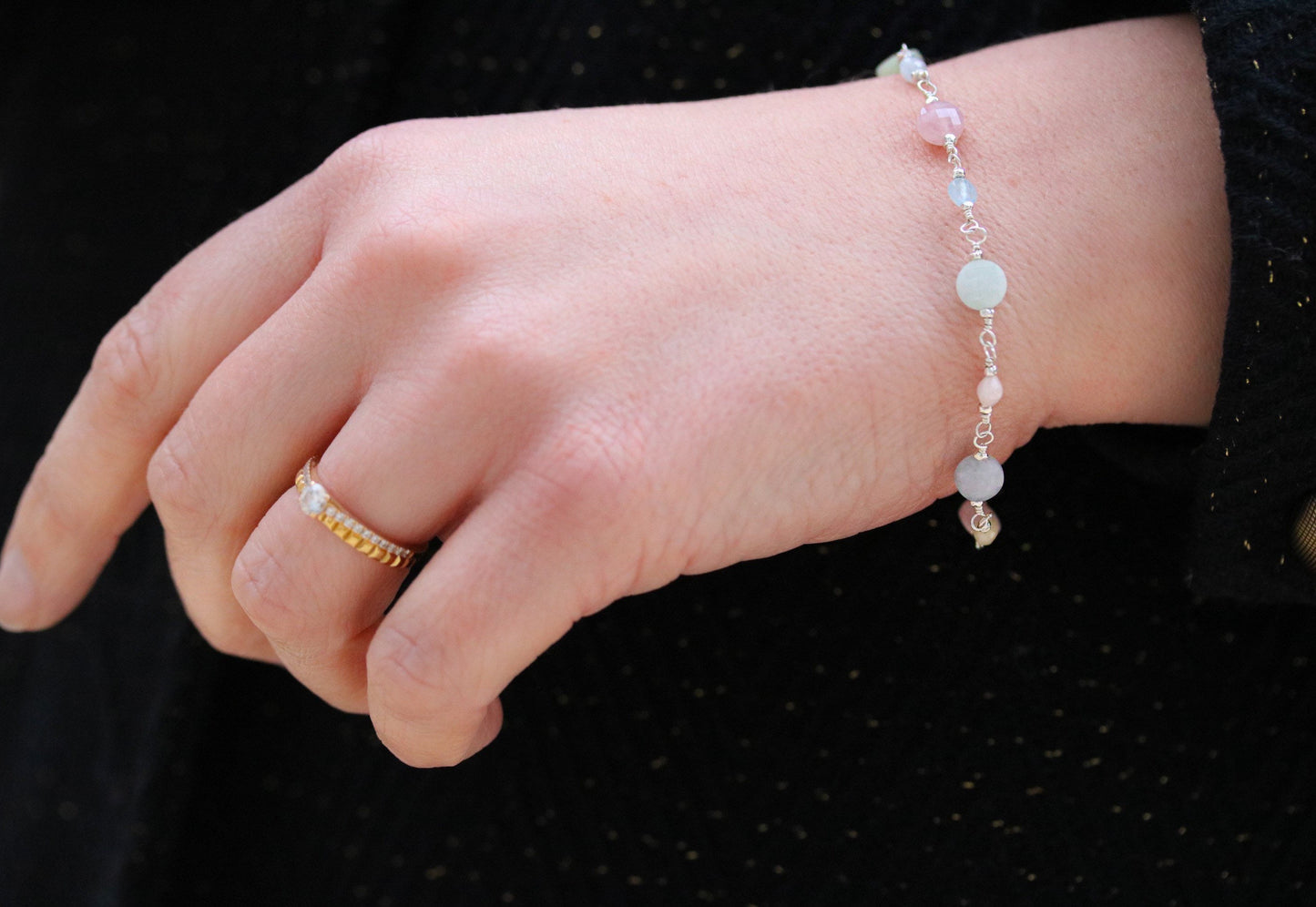 Sterling Silver Morganite Aquamarine Bracelet: Faceted Coin Gemstone