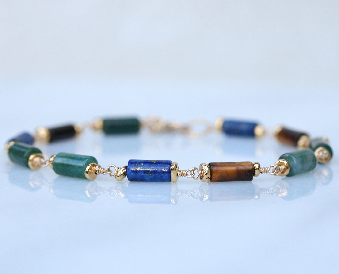 Lapis Lazuli Agate Bracelet: Gold Fill Chain, Karen Hill Tribe Beads