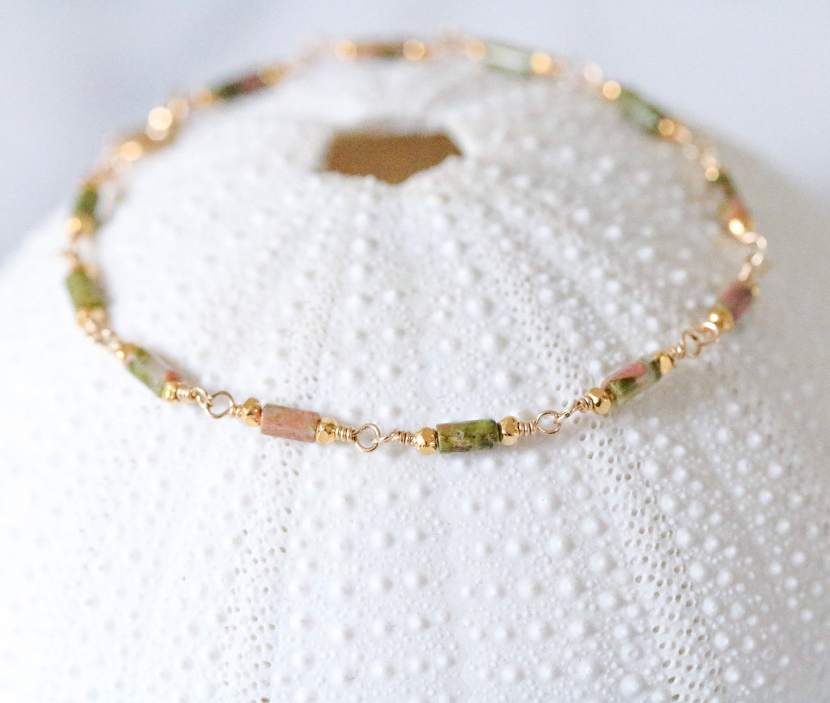 Delicate Unakite Bracelet: Gold Chain, Karen Hill Tribe Beads