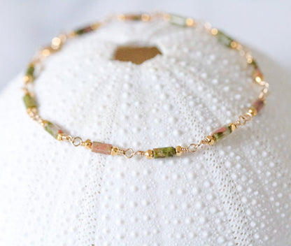 Delicate Unakite Bracelet: Gold Chain, Karen Hill Tribe Beads
