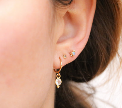 White Topaz Gold Vermeil Huggie Hoop Earrings: Dainty Bezel Set