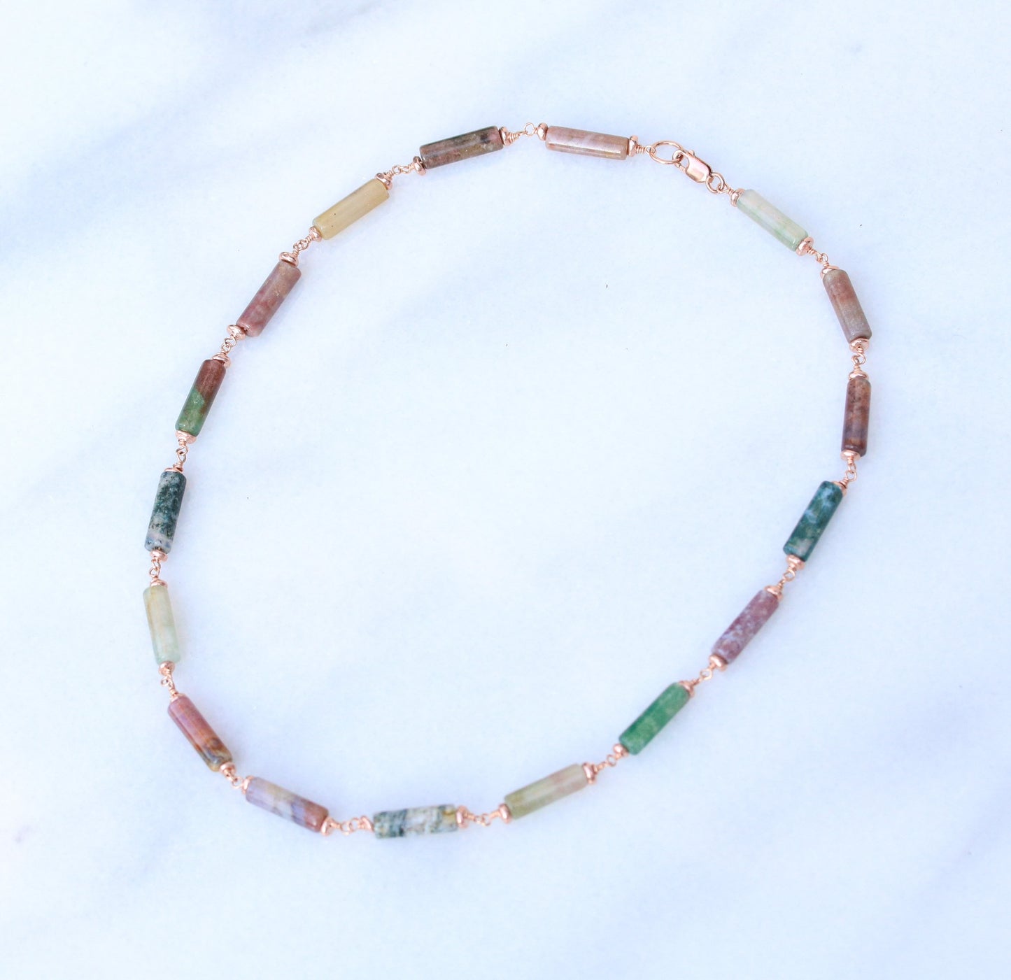 Pastel Indian Agate Rose Gold Choker Necklace, Handmade