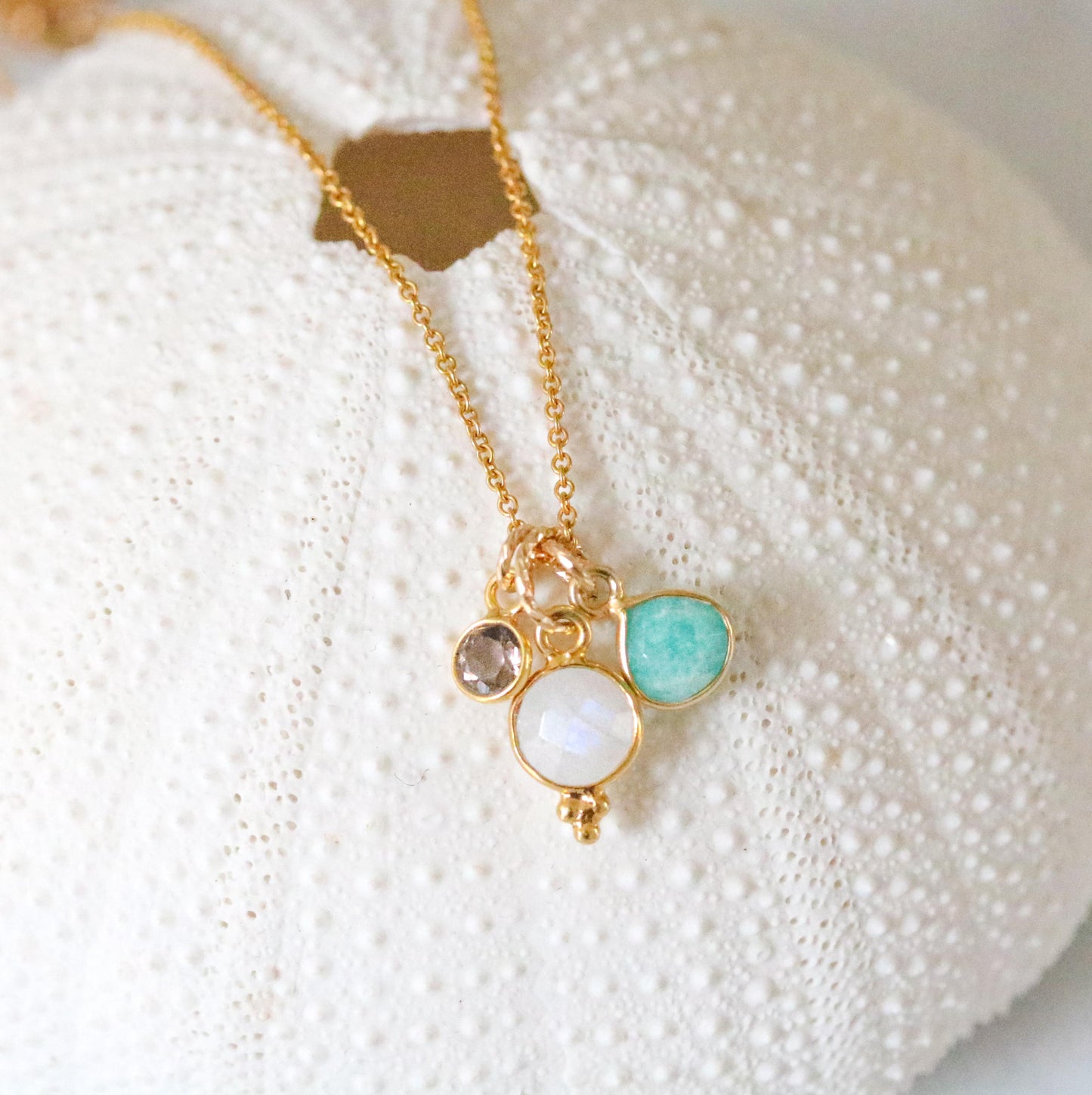 Faceted Moonstone, Smoky Quartz & Amazonite Gold Necklace