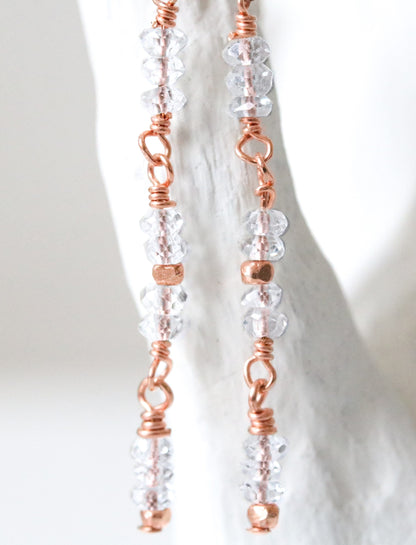 Handmade Clear Quartz Threader Earrings: Rose Gold Fill Dangle Jewelry