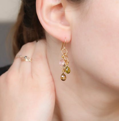 Hammered Gold Filled Tourmaline Earrings: Multicolored Gemstone Dangle Earrings