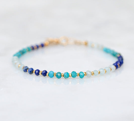 Handmade Lapis Lazuli Apatite Aquamarine Bracelet: Karen Hill Tribe Gold Vermeil